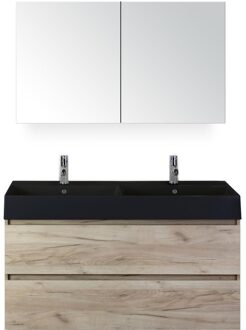 Maxx XL Badmeubelset 120 cm - Craft Oak - Wastafel Kube Dubbel Zwart 2 Kraangaten met Spiegelkast
