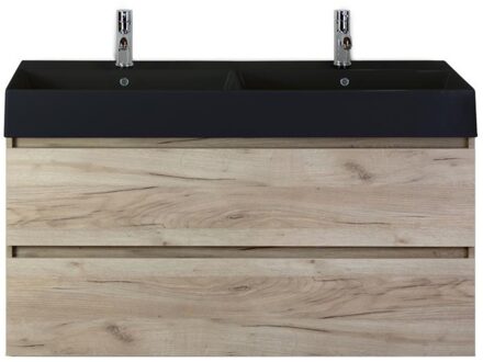 Maxx XL Badmeubelset 120 cm - Craft Oak - Wastafel Kube Dubbel Zwartart 2 Kraangaten