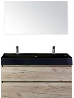Maxx XL Badmeubelset 120 cm - Craft Oak - Wastafel Kube Enkel Zwart 2 Kraangaten met Spiegel