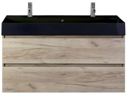 Maxx XL Badmeubelset 120 cm - Craft Oak - Wastafel Kube Enkel Zwart 2 Kraangaten