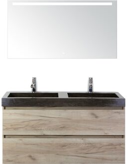 Maxx XL Badmeubelset 120 cm - Craft Oak - Wastafel Lucca Dubbel 2 Kraangaten met LED Spiegel