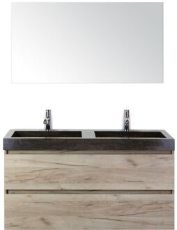 Maxx XL Badmeubelset 120 cm - Craft Oak - Wastafel Lucca Dubbel 2 Kraangaten met Spiegel