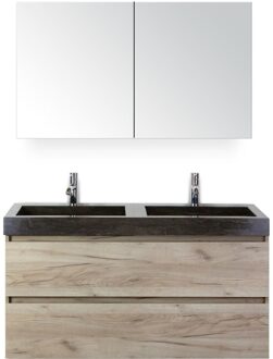 Maxx XL Badmeubelset 120 cm - Craft Oak - Wastafel Lucca Dubbel 2 Kraangaten met Spiegelkast