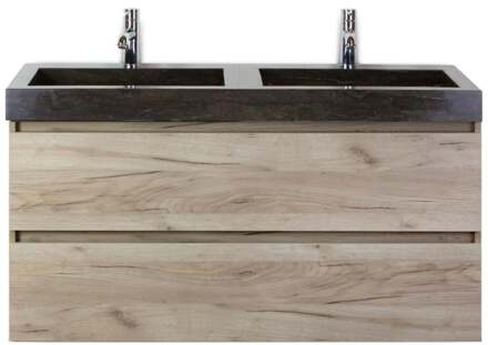 Maxx XL Badmeubelset 120 cm - Craft Oak - Wastafel Lucca Dubbel 2 Kraangaten