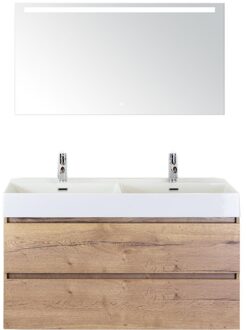 Maxx XL Badmeubelset 120 cm - Natuur Eiken - Wastafel Kube Dubbel 2 Kraangaten met Sence Spiegel