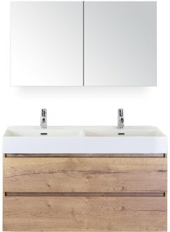 Maxx XL Badmeubelset 120 cm - Natuur Eiken - Wastafel Kube Dubbel 2 Kraangaten met Spiegelkast