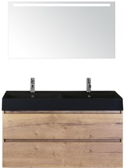 Maxx XL Badmeubelset 120 cm - Natuur Eiken - Wastafel Kube Dubbel Zwart 2 Kraangaten met LED Spiegel