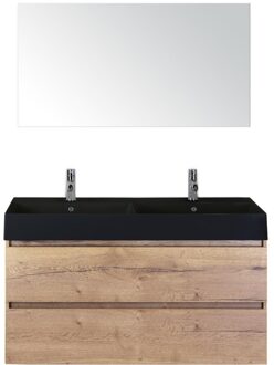 Maxx XL Badmeubelset 120 cm - Natuur Eiken - Wastafel Kube Dubbel Zwart 2 Kraangaten met Spiegel