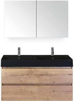Maxx XL Badmeubelset 120 cm - Natuur Eiken - Wastafel Kube Dubbel Zwart 2 Kraangaten met Spiegelkast