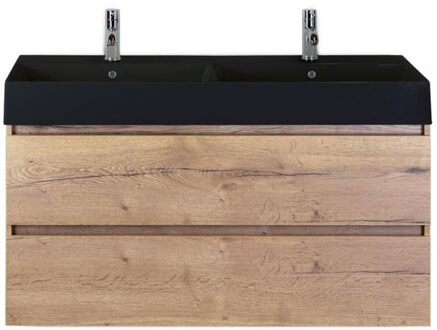 Maxx XL Badmeubelset 120 cm - Natuur Eiken - Wastafel Kube Dubbel Zwart 2 Kraangaten