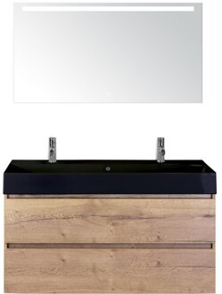 Maxx XL Badmeubelset 120 cm - Natuur Eiken - Wastafel Kube Enkel Zwart 2 Kraangaten met LED Spiegel