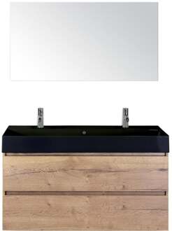 Maxx XL Badmeubelset 120 cm - Natuur Eiken - Wastafel Kube Enkel Zwart 2 Kraangaten met Spiegel
