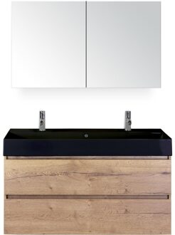 Maxx XL Badmeubelset 120 cm - Natuur Eiken - Wastafel Kube Enkel Zwart 2 Kraangaten met Spiegelkast