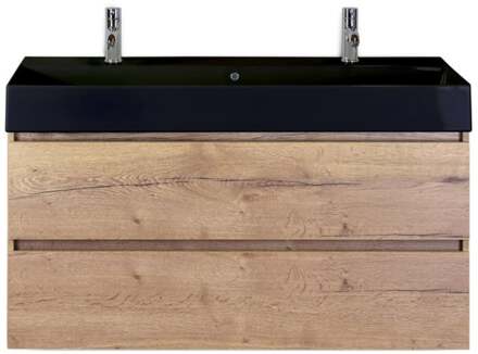 Maxx XL Badmeubelset 120 cm - Natuur Eiken - Wastafel Kube Enkel Zwart 2 Kraangaten