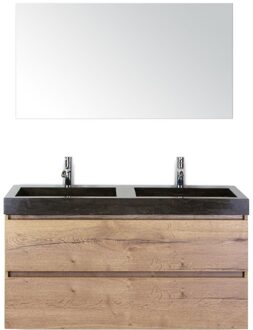 Maxx XL Badmeubelset 120 cm - Natuur Eiken - Wastafel Lucca Dubbel 2 Kraangaten met Spiegel