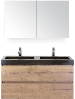 Maxx XL Badmeubelset 120 cm - Natuur Eiken - Wastafel Lucca Dubbel 2 Kraangaten met Spiegelkast