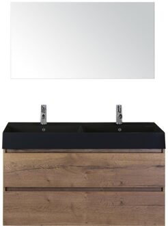 Maxx XL Badmeubelset 120 cm - Tabacco - Wastafel Kube Dubbel Zwart 2 Kraangaten met Spiegel