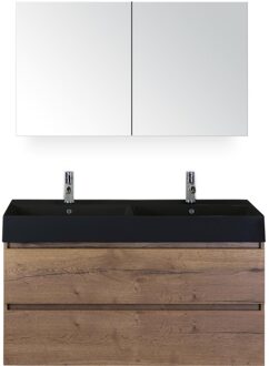 Maxx XL Badmeubelset 120 cm - Tabacco - Wastafel Kube Dubbel Zwart 2 Kraangaten met Spiegelkast