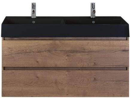 Maxx XL Badmeubelset 120 cm - Tabacco - Wastafel Kube Dubbel Zwart 2 Kraangaten