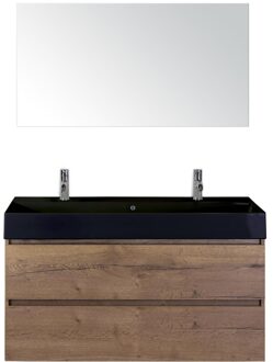 Maxx XL Badmeubelset 120 cm - Tabacco - Wastafel Kube Enkel Zwart 2 Kraangaten met Spiegel