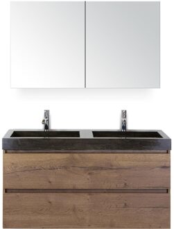 Maxx XL Badmeubelset 120 cm - Tabacco - Wastafel Lucca Dubbel 2 Kraangaten met Spiegelkast