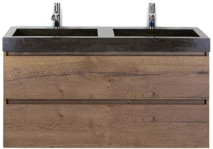 Maxx XL Badmeubelset 120 cm - Tabacco - Wastafel Lucca Dubbel 2 Kraangaten