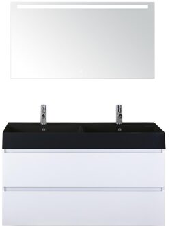 Maxx XL Badmeubelset 120 cm - Wit Hoogglans - Wastafel Kube Dubbel Zwart 2 Kraangaten met LED Spiegel