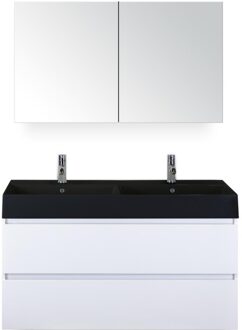 Maxx XL Badmeubelset 120 cm - Wit Hoogglans - Wastafel Kube Dubbel Zwart 2 Kraangaten met Spiegelkast
