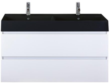 Maxx XL Badmeubelset 120 cm - Wit Hoogglans - Wastafel Kube Dubbel Zwart 2 Kraangaten