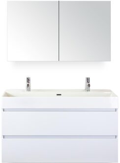 Maxx XL Badmeubelset 120 cm - Wit Hoogglans - Wastafel Kube Enkel 2 Kraangaten met Spiegelkast