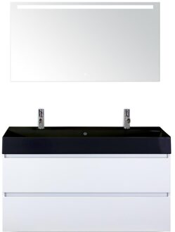 Maxx XL Badmeubelset 120 cm - Wit Hoogglans - Wastafel Kube Enkel Zwart 2 Kraangaten met LED Spiegel