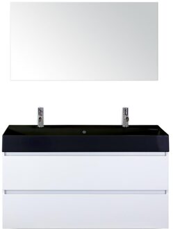 Maxx XL Badmeubelset 120 cm - Wit Hoogglans - Wastafel Kube Enkel Zwart 2 Kraangaten met Spiegel