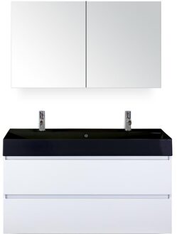 Maxx XL Badmeubelset 120 cm - Wit Hoogglans - Wastafel Kube Enkel Zwart 2 Kraangaten met Spiegelkast