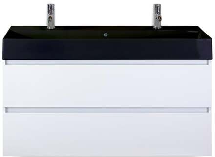 Maxx XL Badmeubelset 120 cm - Wit Hoogglans - Wastafel Kube Enkel Zwart 2 Kraangaten
