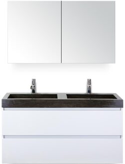 Maxx XL Badmeubelset 120 cm - Wit Hoogglans - Wastafel Lucca Dubbel 2 Kraangaten met Spiegelkast