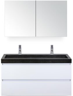 Maxx XL Badmeubelset 120 cm - Wit Hoogglans - Wastafel Lucca Enkel 2 Kraangaten met Spiegelkast