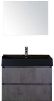 Maxx XL Badmeubelset 80 cm - Beton Antraciet - Wastafel Kube Zwart 1 Kraangat met Spiegel