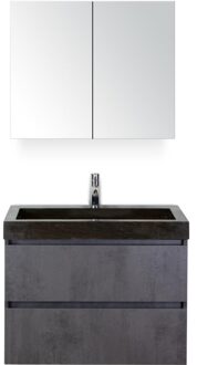 Maxx XL Badmeubelset 80 cm - Beton Antraciet - Wastafel Lucca 1 Kraangat met Spiegelkast