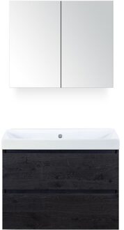 Maxx XL Badmeubelset 80 cm - Black Oak - Wastafel Just Zonder Kraangat met Spiegelkast