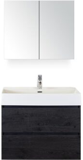 Maxx XL Badmeubelset 80 cm - Black Oak - Wastafel Kube 1 Kraangat met Spiegelkast