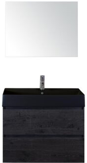 Maxx XL Badmeubelset 80 cm - Black Oak - Wastafel Kube Zwart 1 Kraangat met Spiegel