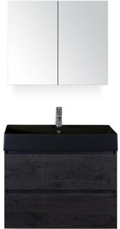 Maxx XL Badmeubelset 80 cm - Black Oak - Wastafel Kube Zwart 1 Kraangat met Spiegelkast