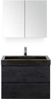 Maxx XL Badmeubelset 80 cm - Black Oak - Wastafel Lucca 1 Kraangat met Spiegelkast