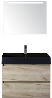 Maxx XL Badmeubelset 80 cm - Craft Oak - Wastafel Kube Zwart 1 Kraangat met LED Spiegel