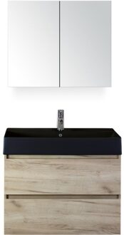 Maxx XL Badmeubelset 80 cm - Craft Oak - Wastafel Kube Zwart 1 Kraangat met Spiegelkast