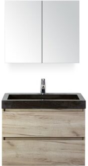 Maxx XL Badmeubelset 80 cm - Craft Oak - Wastafel Lucca 1 Kraangat met Spiegelkast