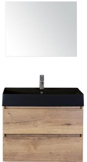 Maxx XL Badmeubelset 80 cm - Natuur Eiken - Wastafel Kube Zwart 1 Kraangat met Spiegel