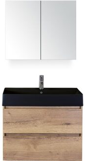 Maxx XL Badmeubelset 80 cm - Natuur Eiken - Wastafel Kube Zwart 1 Kraangat met Spiegelkast