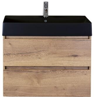Maxx XL Badmeubelset 80 cm - Natuur Eiken - Wastafel Kube Zwart 1 Kraangat