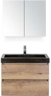 Maxx XL Badmeubelset 80 cm - Natuur Eiken - Wastafel Lucca 1 Kraangat met Spiegelkast